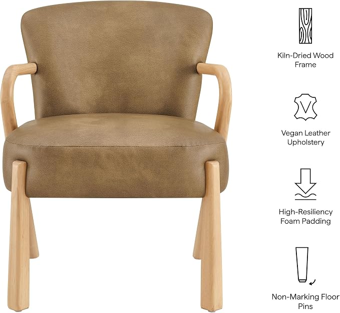 Modway Arden Faux Leather Upholstered Accent Armchair in Toast – Mid-Century Modern Lounge Chair with Curved Wood Frame