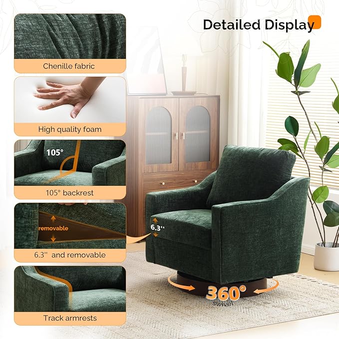 VINGLI Mid-Century Modern Swivel Accent Chair, 360°Upholstered Armchair, Home Sofa with Track Arms for Living Room, Bedroom, Reading Room, Club Swivel Chair,Chenille Green