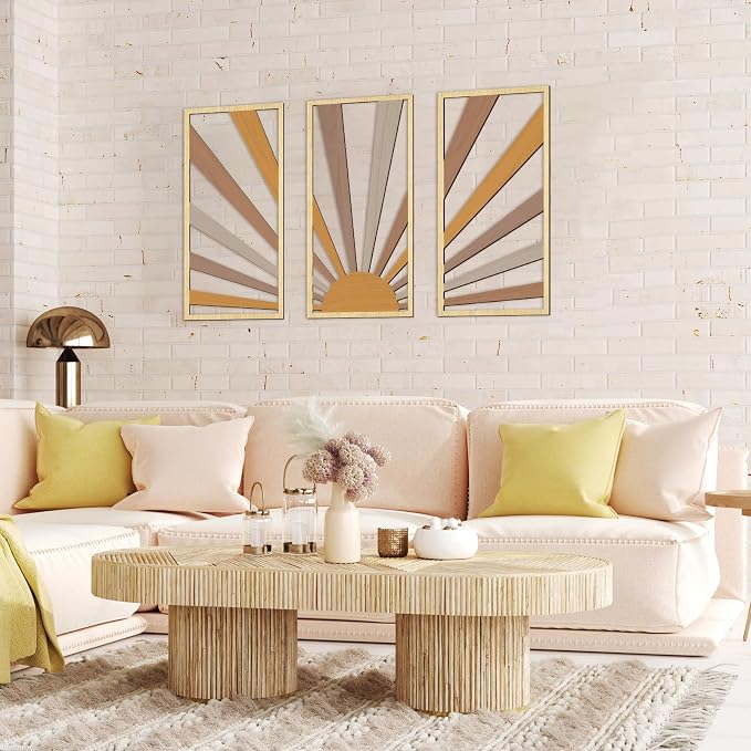 Suzile 3 Pcs Wall Sculptures Wooden Wall Decor Boho Geometric Line Hollow Wall Decor Mid Century Modern Decor Minimalist Geometric Art for Living Room Bathroom Bedroom Office Kitchen (Sunrise)