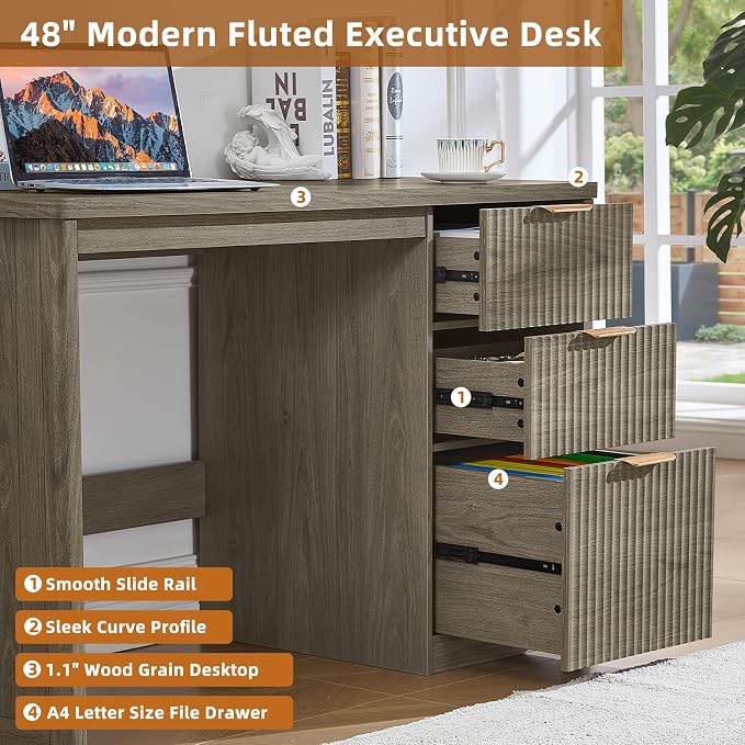 LEYAOYAO Office Desk 48" with 3 Drawers Storage File Cabinet Wood Fluted Desk for Computer Office Bedroom Home Furniture Grey