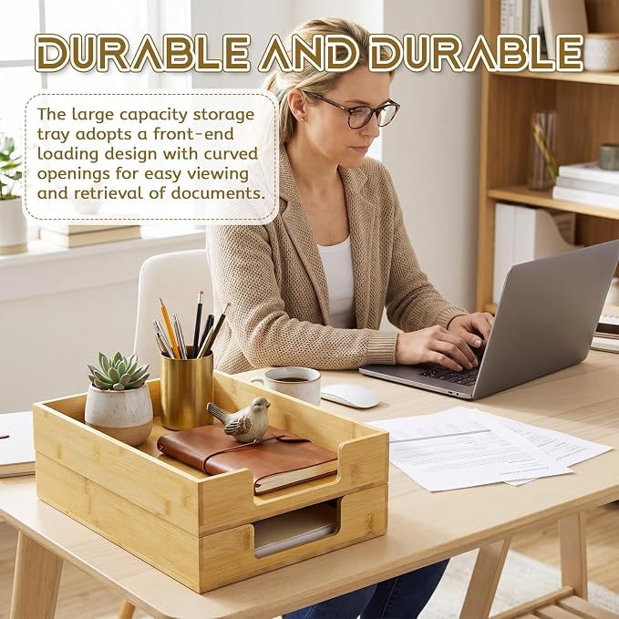 Mifoci 2 Pcs Wood Letters Tray Bamboo Stackable Paper Organizer Letter Tray, Desktop File for A4 Documents, Wooden Office Paper Holder Stacking for Home School Workspace