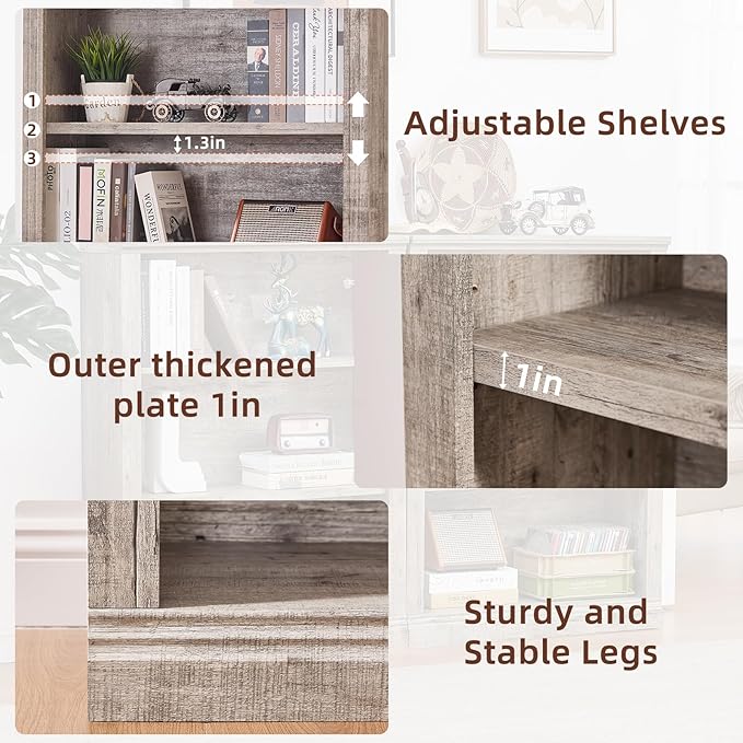 43" Grey Tall Bookshelf Set of 4,3-Tier Thick Wooden Book Shelf with Adjustable Shelves,Free Standing Farmhouse Bookcase with Open Display Storage,Floor Vintage Bookshelves for Living Room
