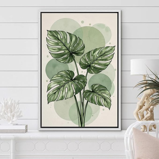 Woodrose Framed Canvas Print Wall Art Green Monstera Leaves Botanical Illustrations Modern Art Minimalist 3D Colorful Ultra for Living Room, Bedroom, Office - 16"x24" WHITE