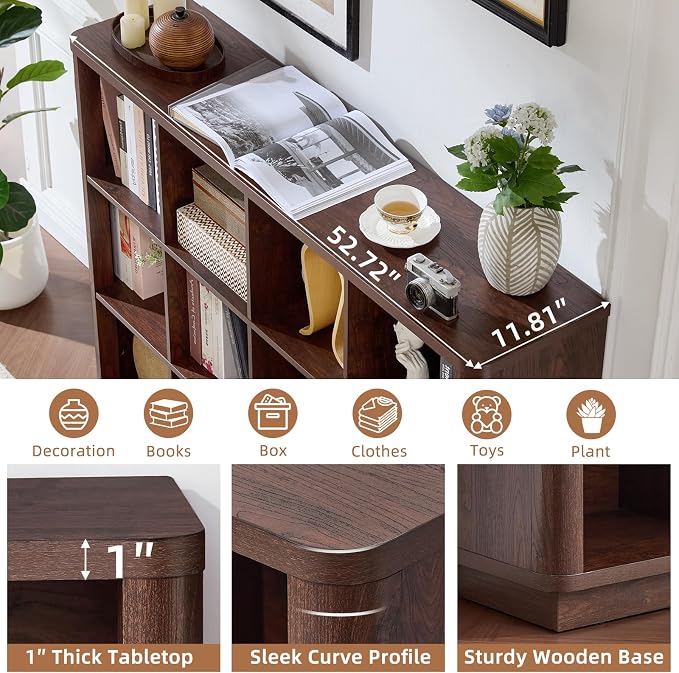 Joaxswe 12 Cube Storage Organizer, 41" Large Bookshelf with Curved Edge, Wood Floor Standing 3-Tier Cubby Bookcase w/Base, Vintage Display Storage Cabinet, Book Case for Living Room, Office, Walnut