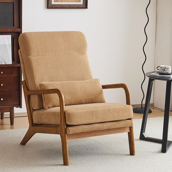 Karl home Mid-Century Modern Accent Chair, Living Room Chairs with Pillow High Back Corduroy Upholstered Lounge Armchair with Solid Wood Frame & Soft Cushion for Bedroom, Reading Room, Khaki