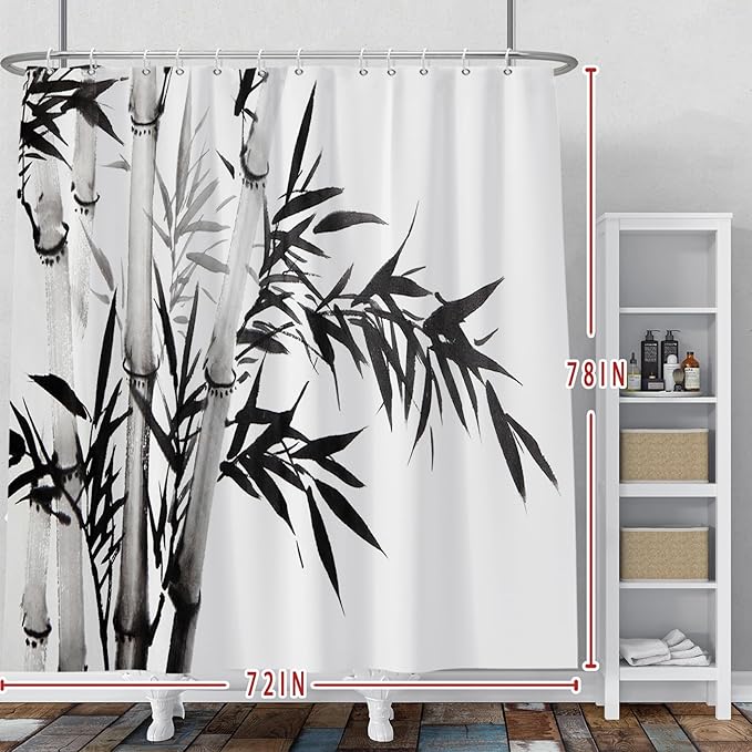Baocicco Black White Bamboo Shower Curtain Chinese Ink Painting Plant Art Aesthetic Shower Curtains Decorative for Bathroom Waterproof Fabric Shower Curtain with Hooks 72x78 Inches