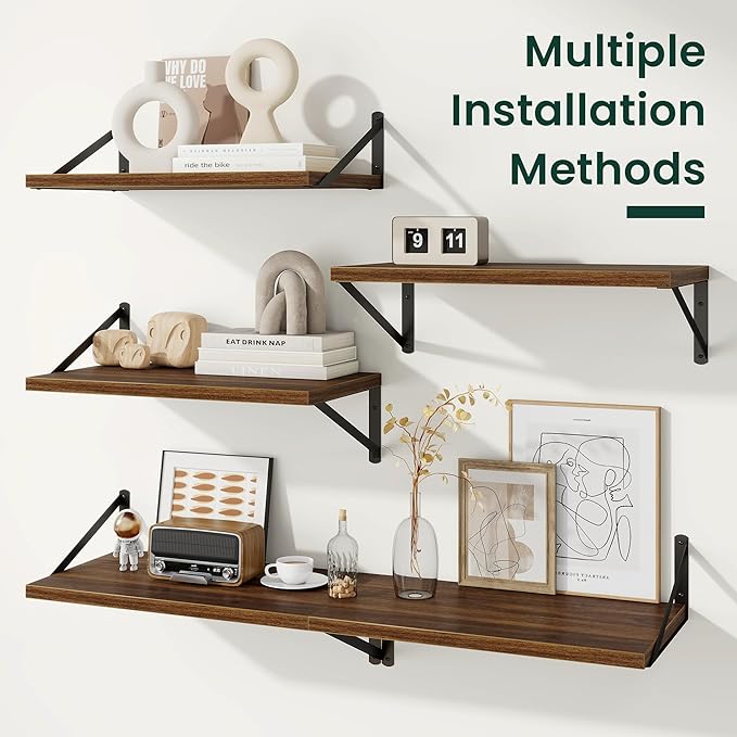 Floating Shelves, 12 Inch Deep Rustic Wood Wall Storage, 16W x 12D Wall Shelves Set of 2, Heavy Duty Metal Brackets, Large Industrial Book Shelf for Living Room, Kitchen, Bedroom, Walnut