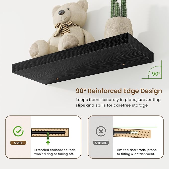 24in Floating Shelves for Wall, 24"W x 9.25"D x 1.25"H, 2 Pack Long Wall Mounted Engineered Wood Shelves with Invisible Brackets for Living Room, Bedroom, Bathroom, Kitchen Decor and Storage, Black