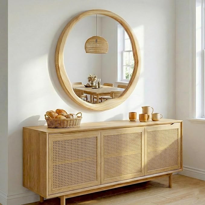 Round Wood Mirror 30 Inch, Large Asymmetrical Wavy Frame Wall Mirror for Entryway, Living Room, Solid Wood Irregular Circle Art Decor