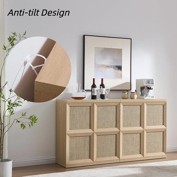 VividVibe Sideboard Buffet Cabinet with Storage, 94.35”Large Boho Credenza with 6 Doors, Coffee Bar Cabinet Farmhouse Modern for Entryway Living Room Natural Oak
