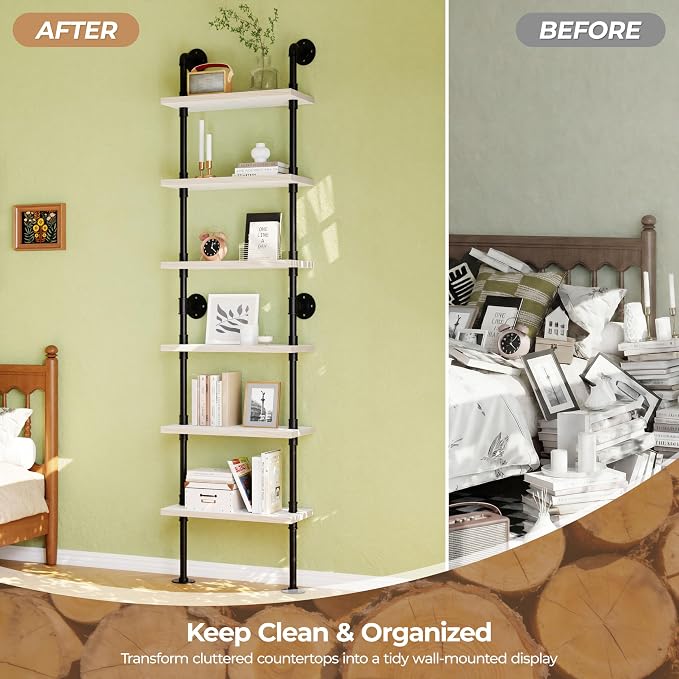 Industrial Ladder Pipe Shelves, Wall Mounted Wood Metal Rustic Bookshelf for Living Room (White, 6 Tier - 10" D x 24" W x 82.5" H)
