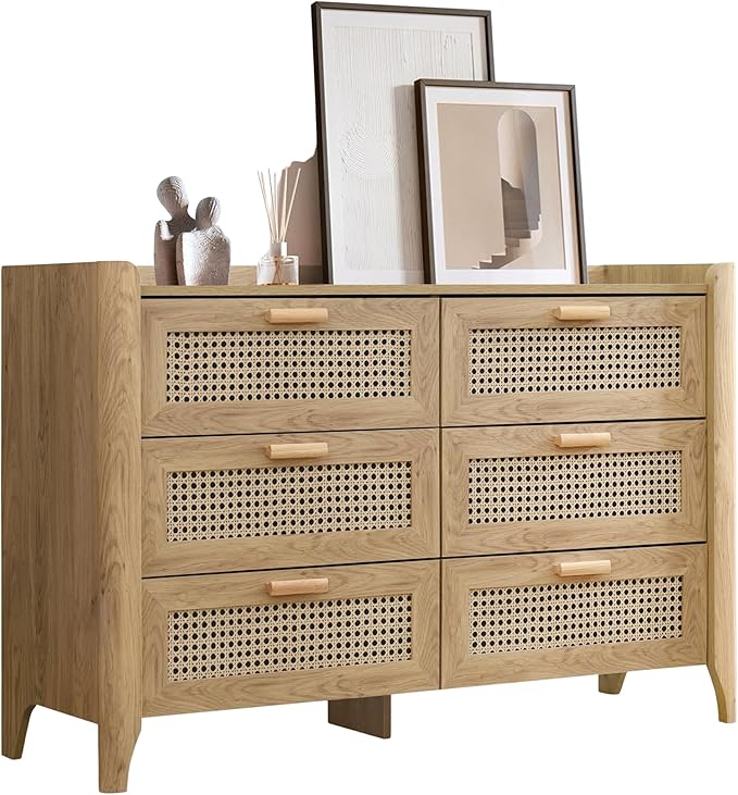 ELISA HOME Rattan-Inspired 6 Drawer Dresser for Bedroom, 47.2″ W Modern Wide Chest of Drawers, Wood Storage Organizer for Clothes, Entryway, Hallway, Nursery or Living Room, Oak