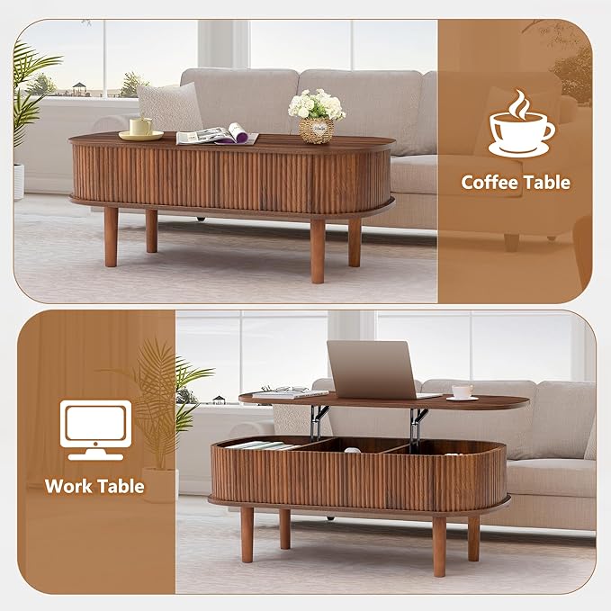 Fluted Lift Top Coffee Table with Hidden Compartment, Fully Assembled Wooden Center Table, Modern Oval Lift Tabletop for Home Living Room Office, Walnut