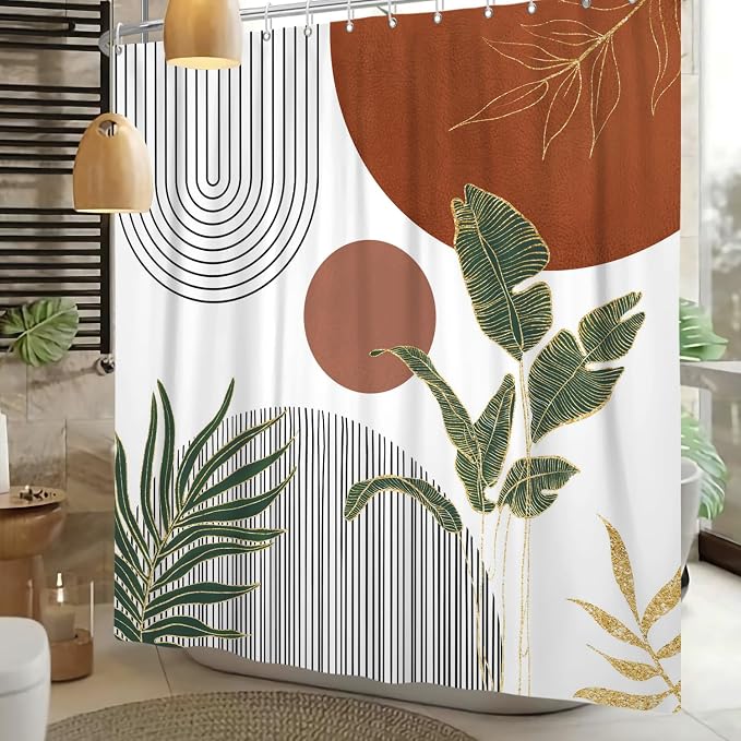 Mid Century Boho Shower Curtain, Abstract Modern Sun Minimalist Aesthetic Shower Curtain, Bohemian Geometric Arch Curve Leaves Neutral Art Fabric Bathroom Curtains Orange 72x84 inch
