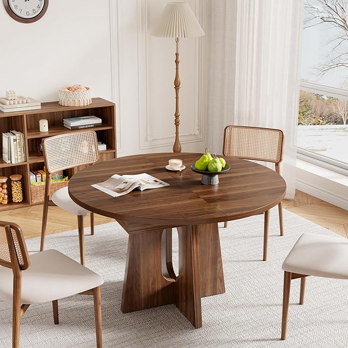 59-Inch Extendable Round Dining Table for Dining Room, 4-6 People Farmhouse Oval Wood Expandable Kitchen Dinner Table with Heavy Cross Pedestal for Living Room, Apartment, Dark Brown Walnut