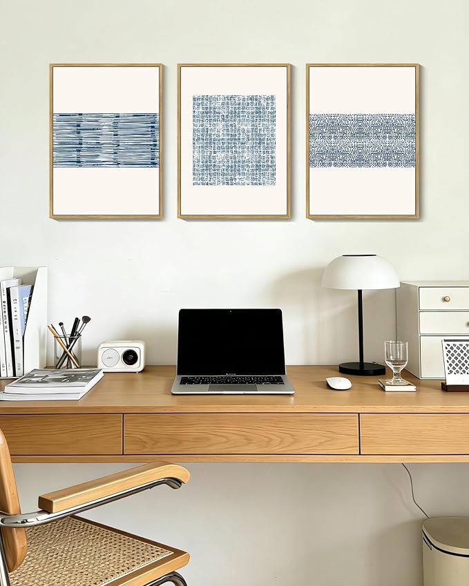 PHOPAGO Blue Abstract Framed Wall Art Modern Boho Neutral Line Wall Decor Mid Century Minimalist Geometric Artwork Kitchen 11x14in Natural Framed