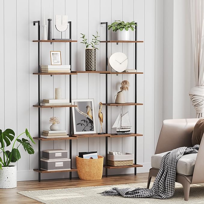 HOOBRO DIY Ladder Shelf, 6-Tier Wooden Wall Mounted Bookshelf, Narrow Bookcase, Display Shelf, Storage Rack, Plant Stand, for Living Room, Bedroom, Study, Balcony, Rustic Brown and Black BF651CJ01