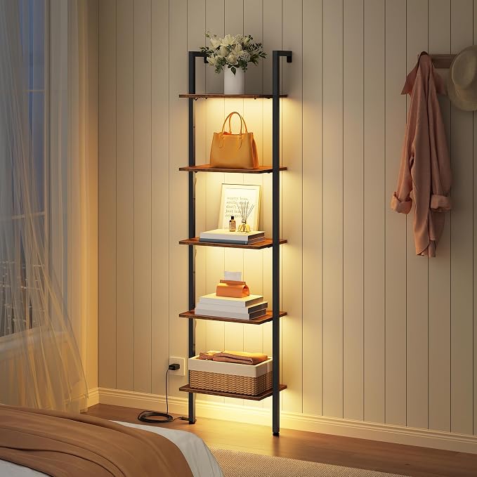 Tajsoon 5-Tier Ladder Shelf with LED Light, Wall Mounted Ladder Bookshelf with Metal Frame, Wall Ladder Bookshelf for Living Room, Bedroom, Office, Rustic Brown