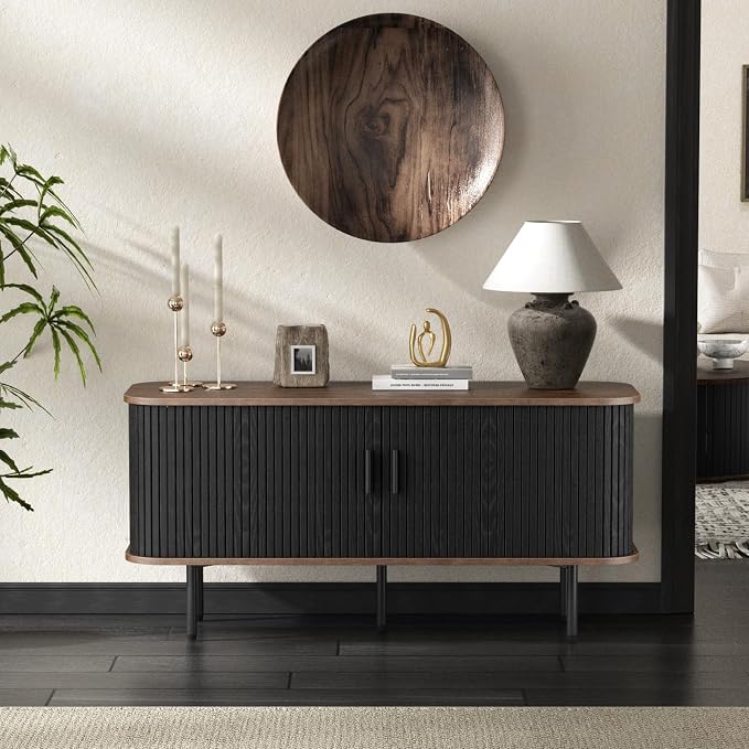 55''W Black Cabinet with Storage, Media Console, Tambour TV Stand, Television Stands with Curvy Edge; Sliding Door, Fluted Cabinet, Buffet Sideboard, Credenza, Table Stand for Living Room, Kitchen