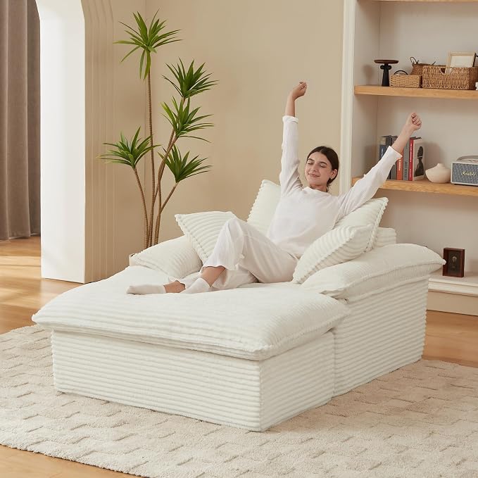 52" Boneless Chaise Lounge – Oversized Chaise Lounge Chair Indoor with Ottoman, Cup Holder & 3 Pillows, Corduroy 3-in-1 Floor Sleeper Chair Bed for Adults, Reading, Napping,White