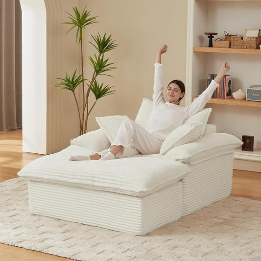 52" Boneless Chaise Lounge – Oversized Chaise Lounge Chair Indoor with Ottoman, Cup Holder & 3 Pillows, Corduroy 3-in-1 Floor Sleeper Chair Bed for Adults, Reading, Napping,White