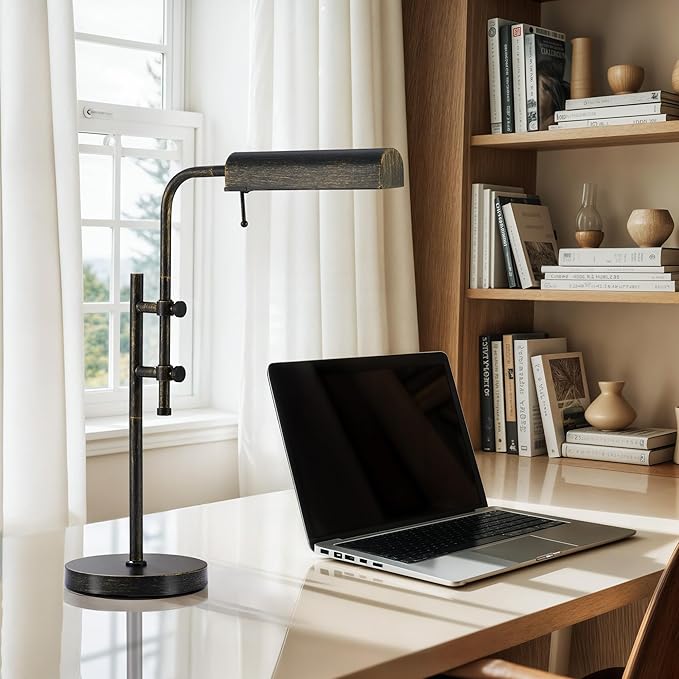 VONLUCE Rustic Desk Lamp, Adjustable Industrial Style Metal Table Lamp, 3 Color Temperatures LED Reading Lamp for Living Room Bedroom Office, Antique Black
