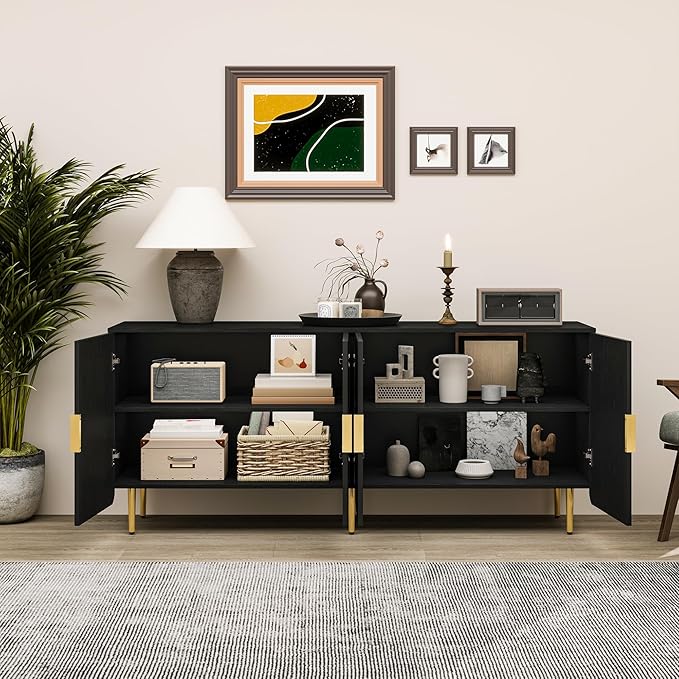 65" Fluted Sideboard Buffet Cabinet with Storage, Console Cabinet with 4 Doors & Adjustable Shelves, Modern Buffet Table for Kitchen Dining Living Room Hallway‌ Entryway, Black