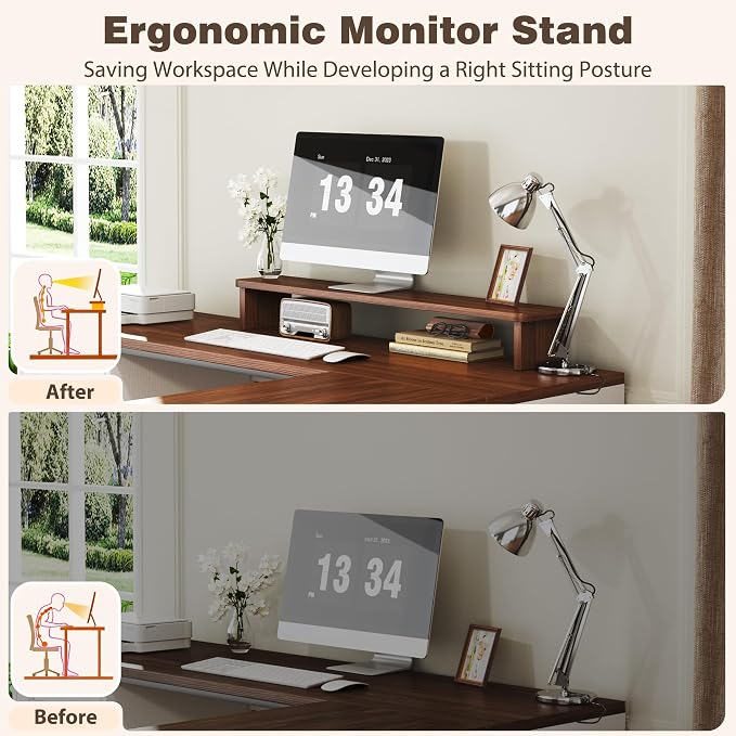 HUAHUU 78" Farmhouse L Shaped Executive Desk with Drawers, Modern Computer Desk with Power Outlets, Office Writing Desk with Monitor Stand & Storage Cabinet, Printer Shelf, Antique White