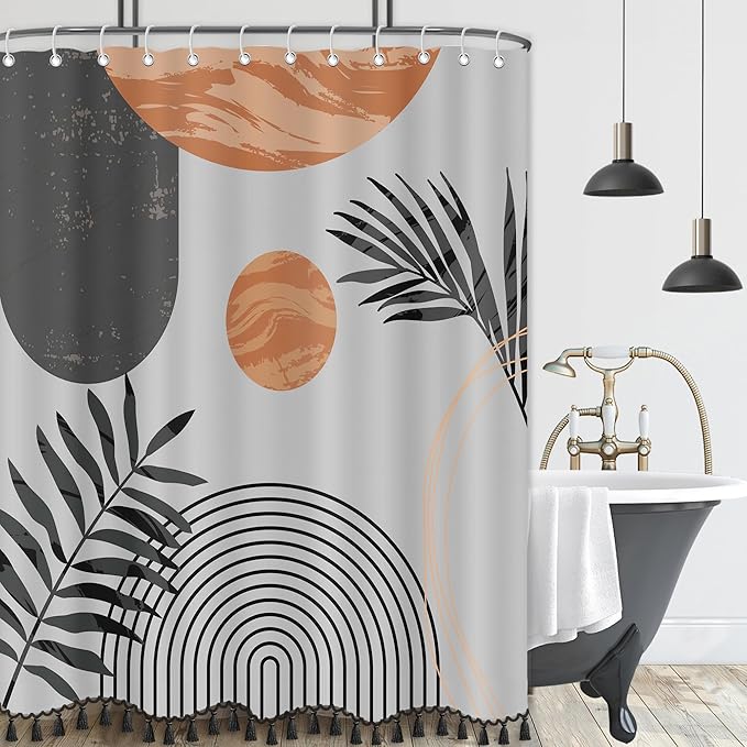 Boho Mid Century Leaf Shower Curtain Set,Arch Sun Design,Minimalistic Leaves Pattern,Waterproof and Luxurious Fabric-12 Hooks(Grey-72" x 72")