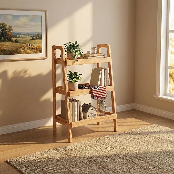 100% Solid Oak 3 Tier Ladder Shelf for Saving Space, Small Bookshelf with Stable Frame, Free Standing Ladder Shelves for Living Room Bedroom Couch, (Natural, 25.6" W x 13.4" L x 36.2" H)