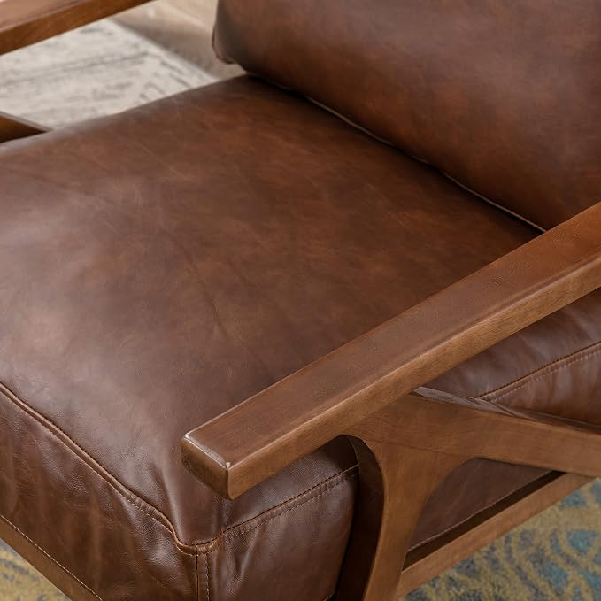 chairus Mid-Century Modern Brown Faux Leather Accent Chair, Comfy Upholstered Lounge Armchair with Removable Cushions & Solid Wood Frame, Retro Fabric Reading Chair for Living Room Bedroom Office