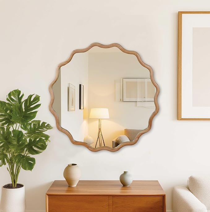 36 Inch Wooden Wavy Round Wall Mirror, Modern Solid Wood Frame Circle Decorative Accent Mirror for Bedroom, Bathroom, Living Room, Entryway, Natural Wood Color