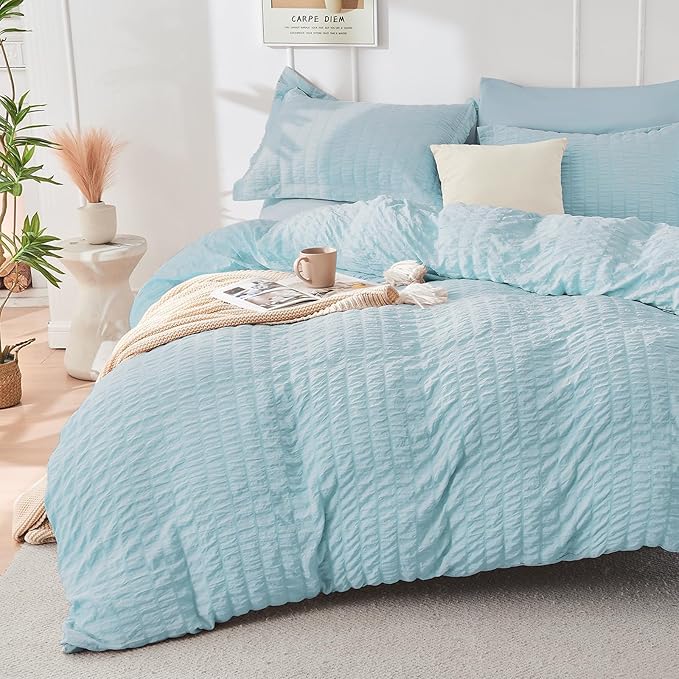 HYMOKEGE Lake Blue Full Size Comforter Sets Seersucker 7 Pieces, All Season Luxury Bed in a Bag for Bedroom, Bedding Set with Comforters, Sheets, Pillowcases & Shams