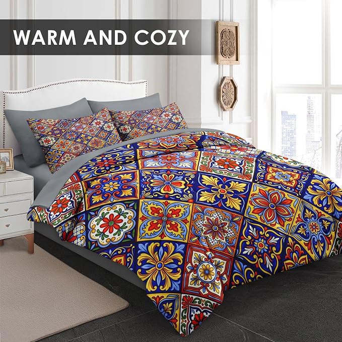 Pamnest Comforter Set Full Size, Mexican Talavera Ceramic 7 Pcs Bedding for Kids and Adults, Italian Spanish Bed Sheet Sets with Fitted Sheet 2 Pillowcases & 2 Shams for Bedroom Bed Decor