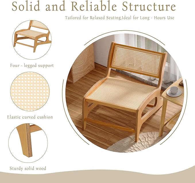 Chogori Mid Century Modern Wooden Lounge Chair Armless Rattan Accent Chair Lightweight Boho Style Seating Comfortable Single Chair for Living Room, Bedroom, or Patio (Natural-Oak, Set of 1)