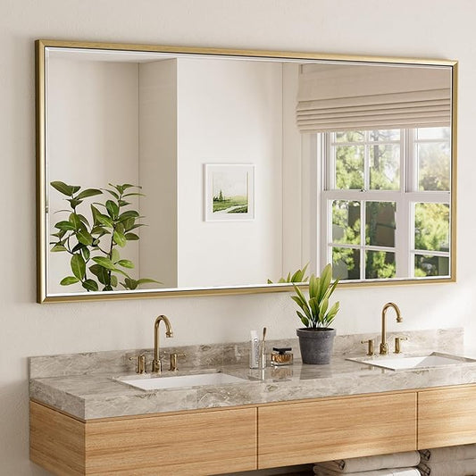 72 x 36 Gold Bathroom Mirror, Brushed Gold Beveled Bathroom Mirror, Shatterproof Large Gold Frame Rectangle Mirror, Brushed Brass Gold Framed Vanity Mirror Vertical/Horizontal Wall-Mounted