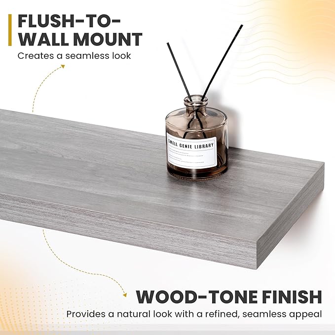 16 Inch Floating Shelves, 9.3" Deep Floating Shelf Wall Mounted, 16" Wall Shelves, Rustic Deep Bookshelf, Large Display Shelves & Storage Shelves for Bedroom, Living Room, Grey, Set of 2