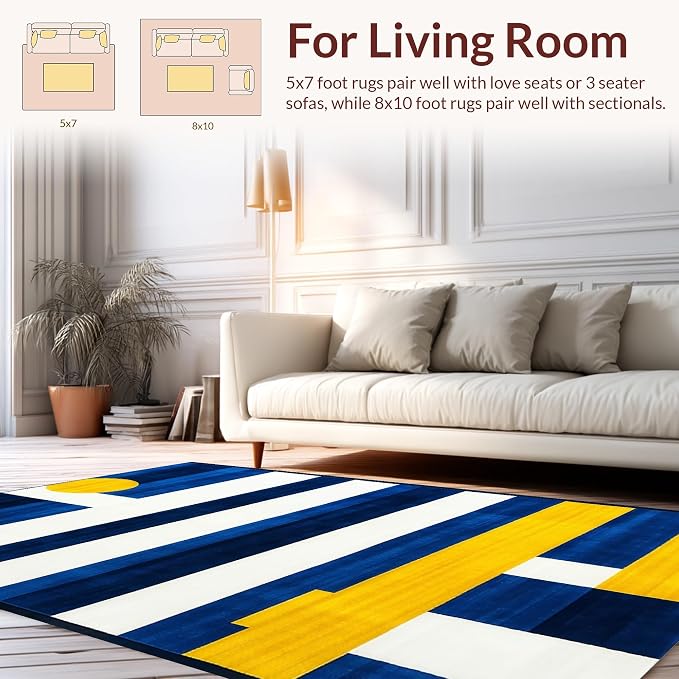 Flatwoven High Traffic Area Rug 4x6, Contemporary Striped Rug Clean Lines & Bold Hues, Non Slip, Stain Resistant, Washable Area Rugs for Living Room, Bedroom (Blue, 4x6)