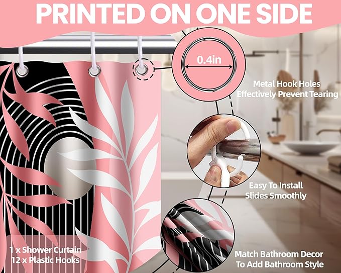 Pink Shower Curtain Boho Mid Century Black and Pink Shower Curtains for Bathroom Decor, Waterproof Cloth Fabric with Hooks, 70" W x 84" L (Pack of 1)