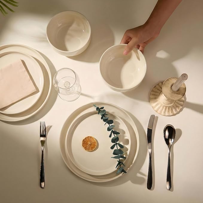 Vase and Vessel Ceramic Dinnerware Set, 12-Piece Service for 4, Soup Bowls (25 oz), Salad Plates (7.5"), Dinner Plates (10"), Round, Microwave and Dishwasher Safe, Ivory, Cambridge Classics