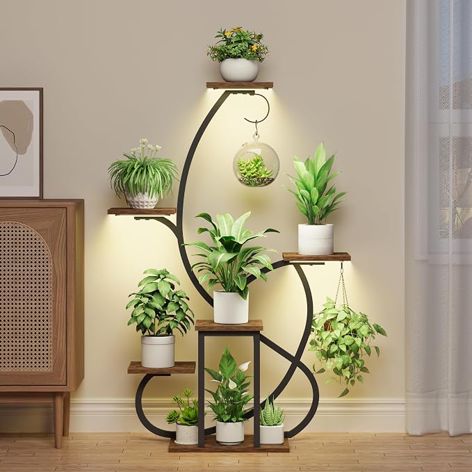 Plant Stand Indoor with Grow Lights, 6 Tiered Corner Plant Shelf , 47'' Plant Stands for Multiple Plants, Metal Curve Shaped Plant Holder Display Rack , Flower Stands for Living Room Patio Home Decor