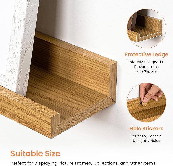RICHFOCUS Picture Ledge Shelf, 72 inch Floating Shelves Set of 2, Wood Wall Shelves with Lip, Wall Decor Storage for Bedroom Living Room Bathroom Kitchen Nursery Photo Picture, Oak