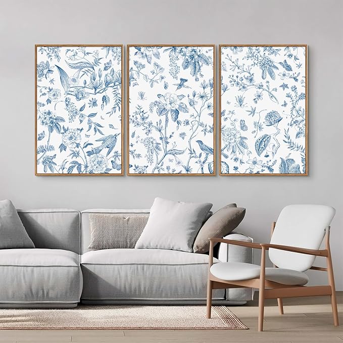 KaiWithYuan Large Navy Blue and White Floral Framed Canvas Wall Art, Classic Chinoiserie Peony Flower Wall Decor, Indigo Birds Art Paintings, Botanical Artwork for Living Room Bedroom Office 16"x24"x3