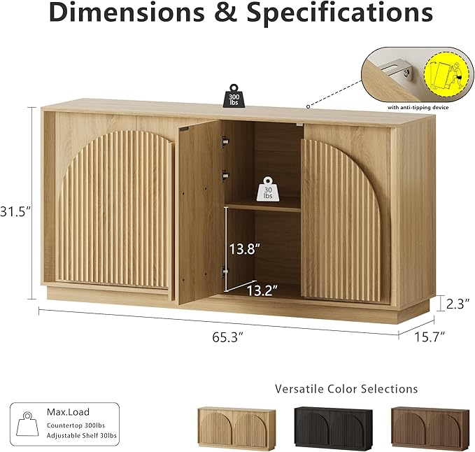 win2win Fluted Sideboard Buffet Cabinet with Storage, 65" Modern Accent Cabinet with Double-Layered Arch Doors, Wood Boho Media TV Console Table Credenza for Living Dining Room Hallway Entryway, Oak