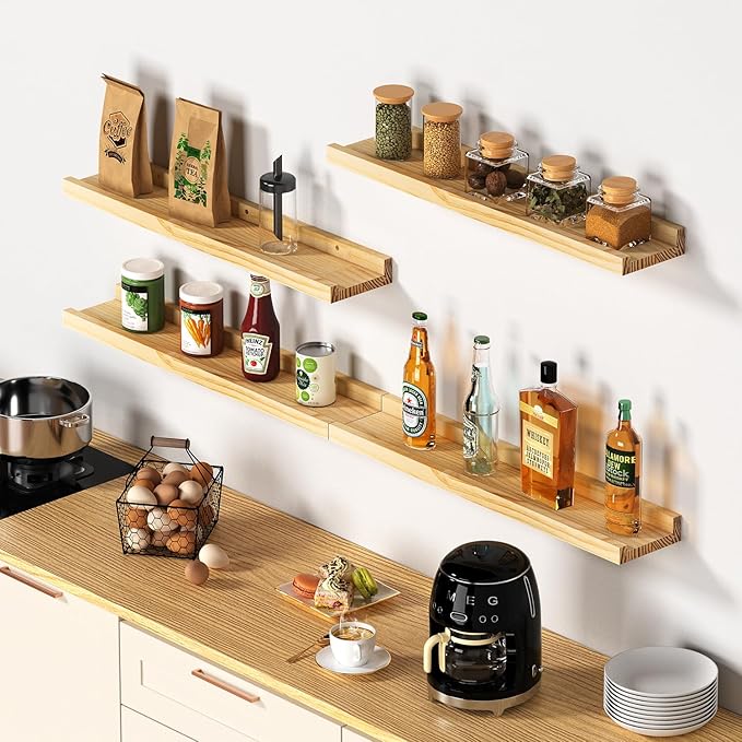 Picture Ledge Shelf, 24 inch Solid Pine Wood Floating Shelves, Floating Book Shelves for Living Room Bedroom Kitchen Decor, Natural Unfinished, No Stain, DIY, Set of 4(Maple Wood, 4Pack 24inch)
