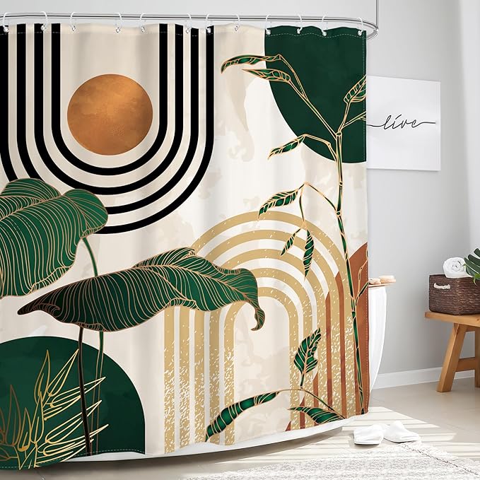 Glawry Abstract Mid Century Shower Curtain Green Retro Boho Tropical Palm Tree Sun Arch Bathroom Modern Minimalist Aesthetic 72Wx78L Inches Bath Accessories Art Home Decor Fabric 12 Pack Hooks