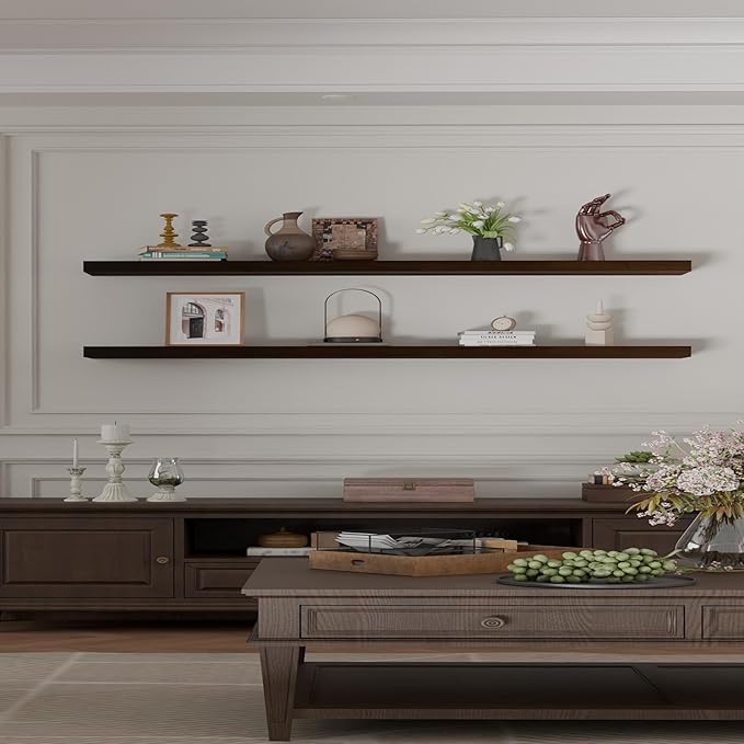 IEO Long Wooden Floating Shelves for Room Wall, Natural Wood Floating Shelves Wall Mounted Kitchen Shelf for Living Room, Bedroom, Kitchen,Bathroom, Storage (Walnut, 72in 2tier)