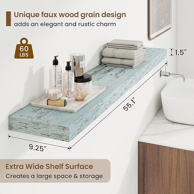 55in Floating Shelves for Wall, 55"W x 9.25"D x 1.5"H, Long Wall Mounted Engineered Wood Shelves with Invisible Brackets for Living Room, Bedroom, Bathroom, Kitchen Decor and Storage, Blue