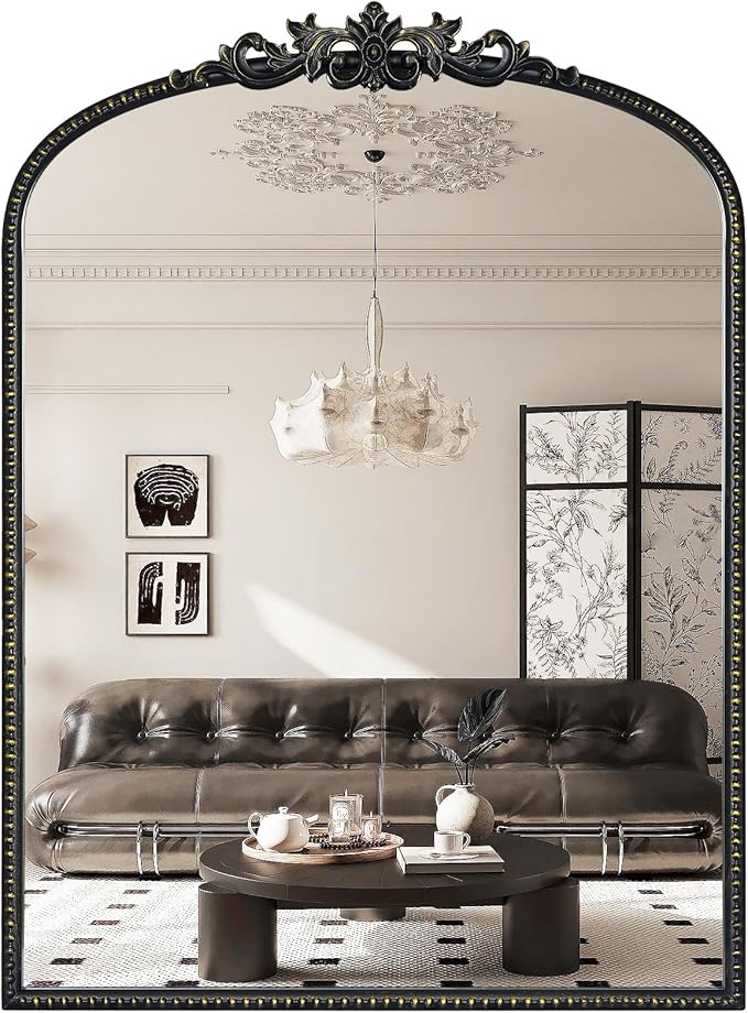 WallBeyond Black Vintage Mirror for Vanity 28x36 Inch, Black Antique Mirror with Ornate Frame, Arched Vintage Wall for Bathroom, Living Room, Fireplace, Entryway