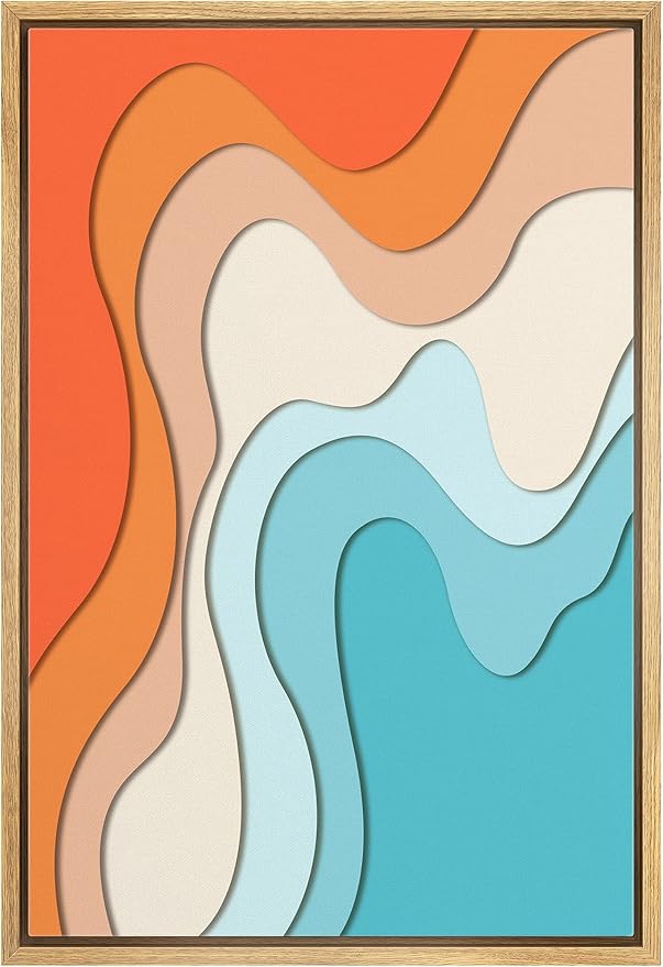 Woodrose Framed Canvas Print Wall Art Neon Orange, Tan & Blue Color Gradient Abstract Shapes Illustrations Modern Art Minimalist 3D Colorful Ultra for Living Room, Bedroom, Office - 16"x24" NATURAL
